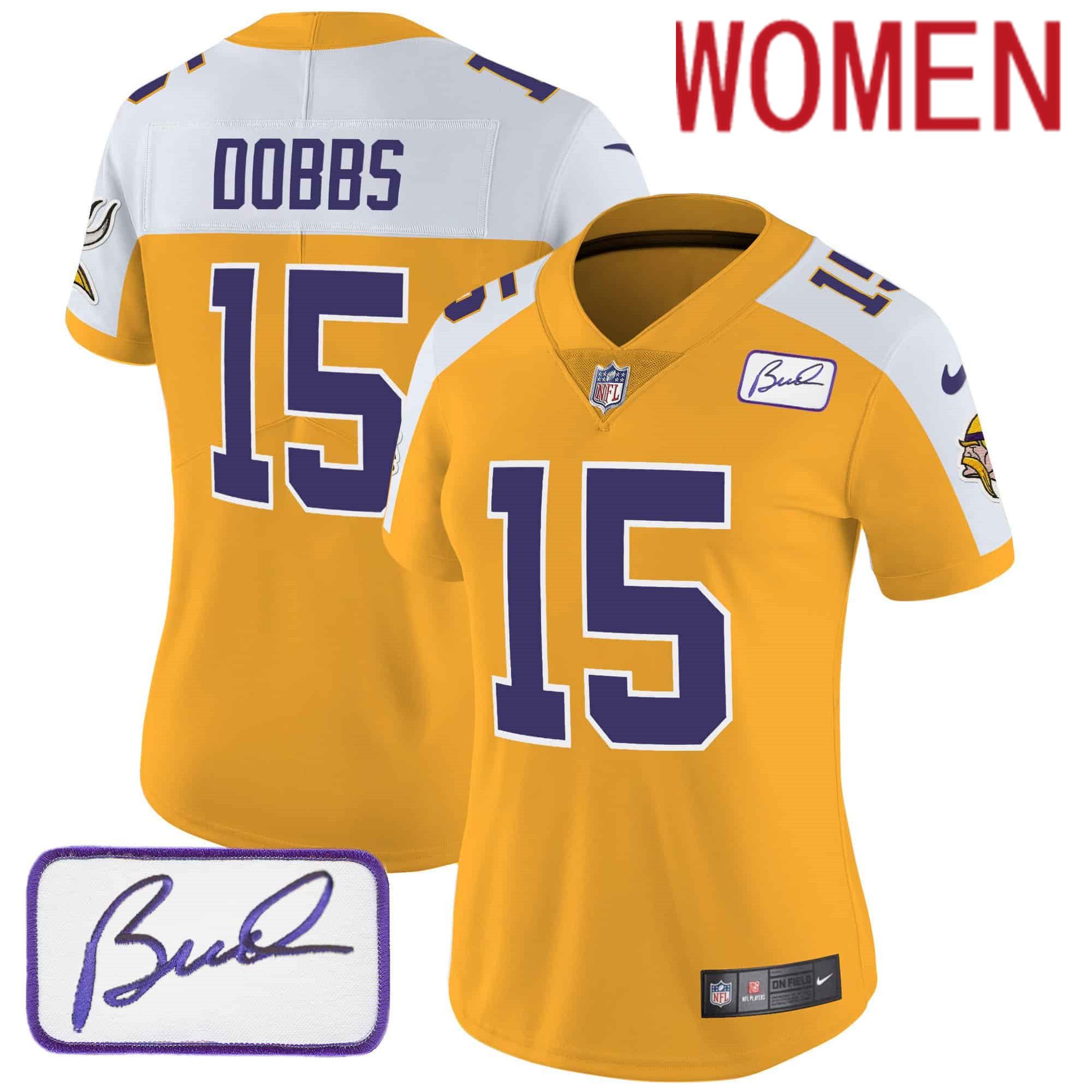 Women Minnesota Vikings 15 Dobbs Yellow 2024 Nike Patch Classic Limited NFL Jersey